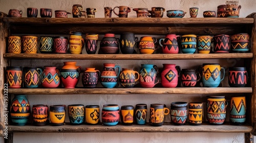 Colorful handcrafted pottery displayed on wooden shelves.