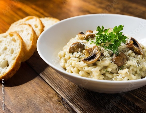 Rich and Creamy Mushroom Risotto with Parmesan Cheese and Fresh Herbs, Served in a White Bowl with a Side of Garlic Bread Under Warm Lighting