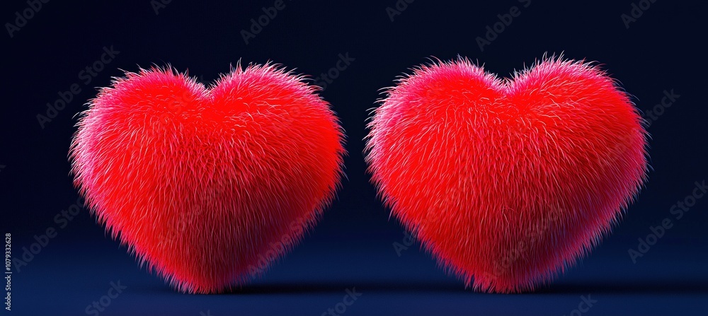 Two fluffy red valentine hearts with soft, hair-like textures on a dark background, symbolizing love and warmth in a Valentine's Day concept. Two fluffy red valentine hearts with soft, hair-like textures on a dark background, symbolizing love and warmth in a Valentine's Day concept.