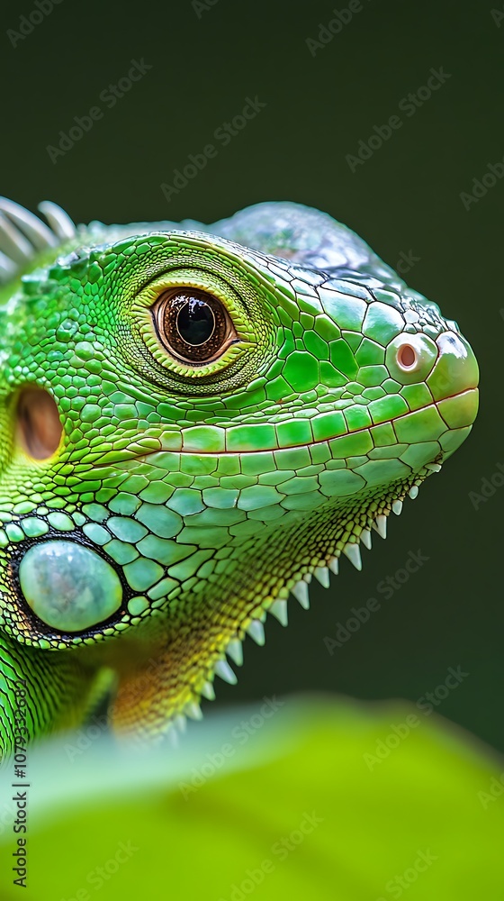 Fototapeta premium A small green iguana resting on a tree branch close-up.