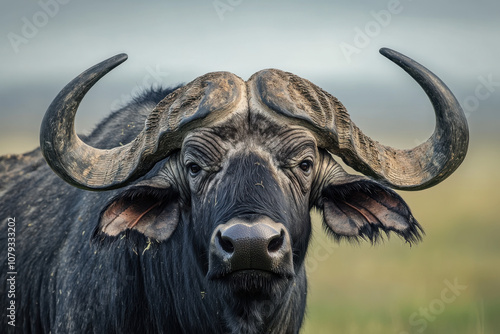 Close up of African buffalo in savannah, endangered species photography
 photo