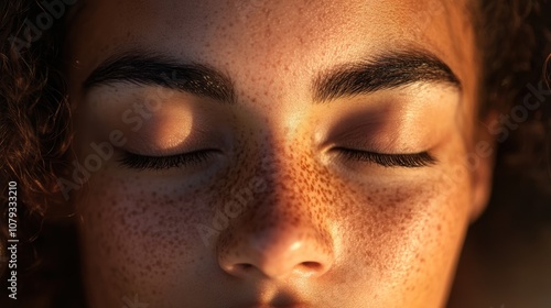 Close-up of a serene woman’s face with closed eyes, showcasing relaxed features and a calm expression, warm ambient light casting gentle shadows, emphasizing inner peace and tranquility.