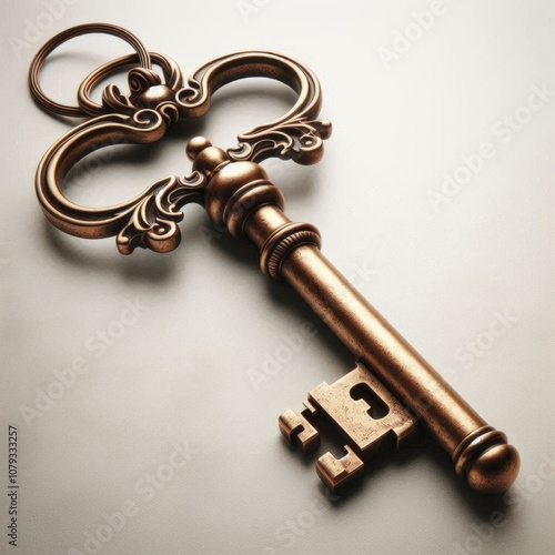 An ornate, antique-style bronze key with intricate, swirling designs on the bow and a detailed bit. AI generated. 