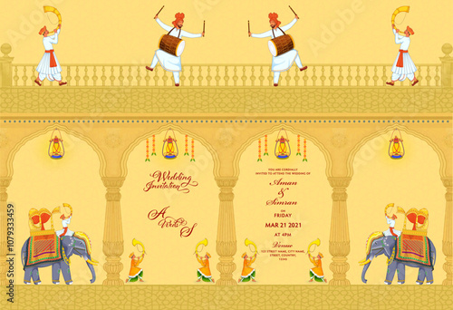 Indian Punjabi Rajasthani Wedding Backdrop with Elephants and Band Baja Dhool and Arches.