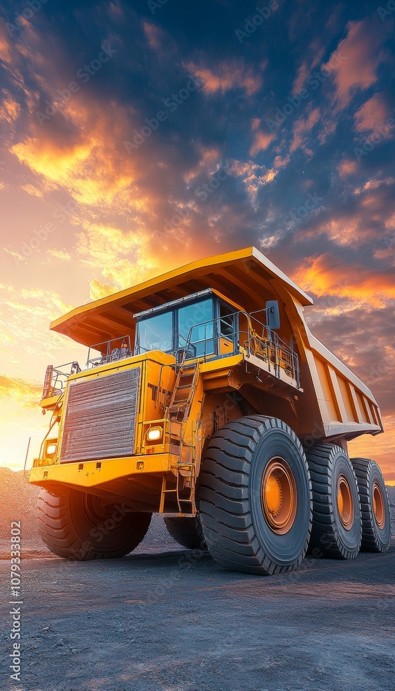 Giant Mining Dump Truck in Action at Sunset, Quarry Operations, Industrial Power, Heavy Machinery Giant Mining Dump Truck in Action at Sunset, Quarry Operations, Industrial Power, Heavy Machinery