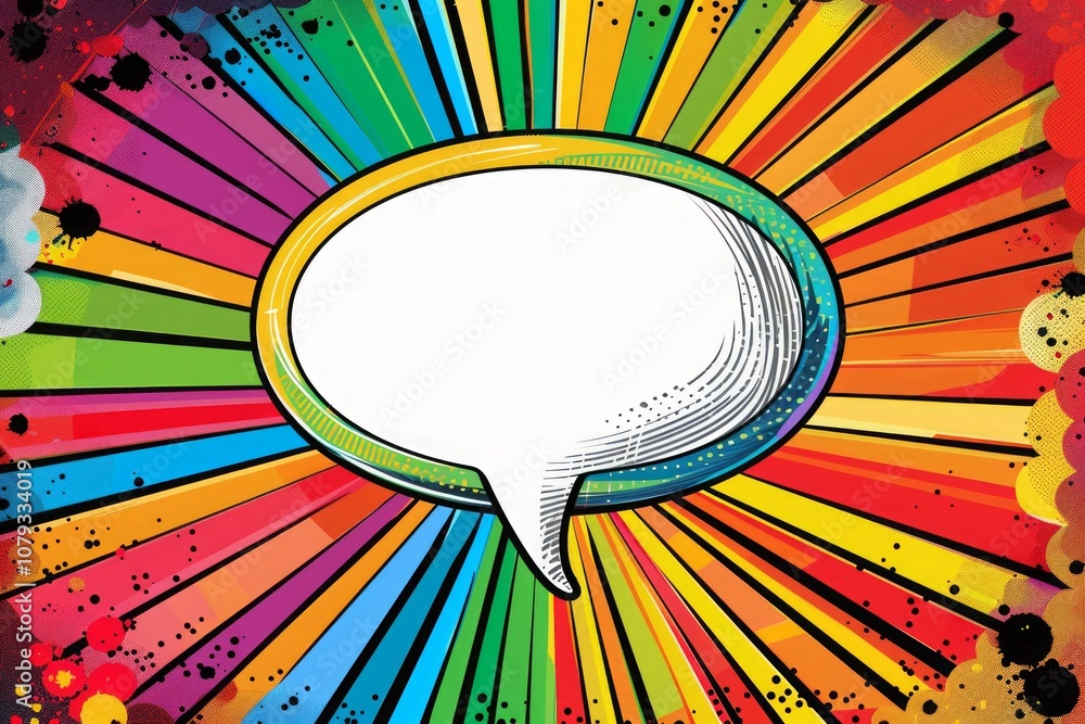 Speech bubble with colorful radial background in rainbow tones. Pop art ...