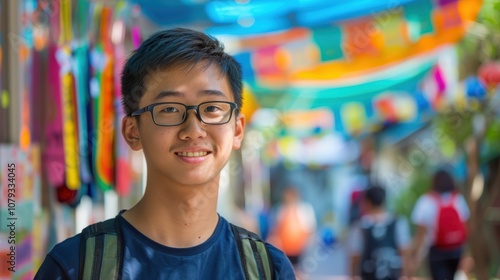 Amidst a spectrum of colors, an Asian male student poses with a hint of introspection, capturing a moment of academic growth