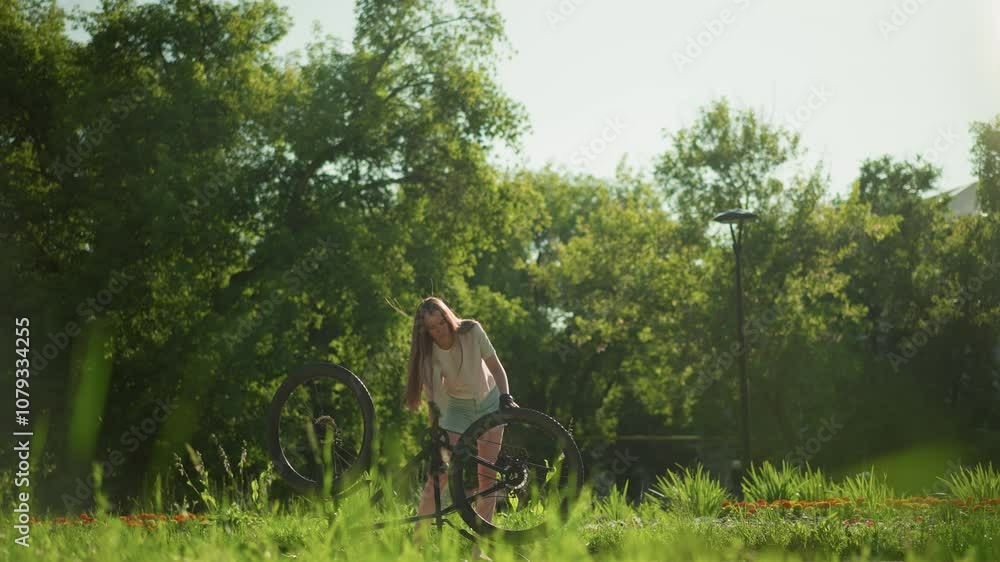 Young female cyclist rotates front and back tires of upside-down bike while rotate the pedal too beside lush garden, as blurred pedestrian strolls in background Young female cyclist rotates front and back tires of upside-down bike while rotate the pedal too beside lush garden, as blurred pedestrian strolls in background