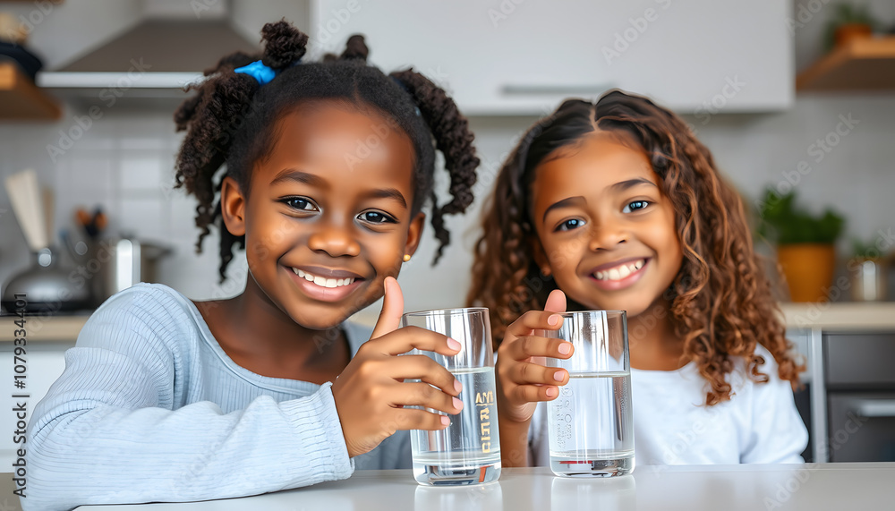 Portrait of happy pretty little thirsty african ethnicity kid girl drinking pure stilled water, showing thumbs up gesture with smiling small european friend or foster sister, sitting in kitchen isol Portrait of happy pretty little thirsty african ethnicity kid girl drinking pure stilled water, showing thumbs up gesture with smiling small european friend or foster sister, sitting in kitchen isol