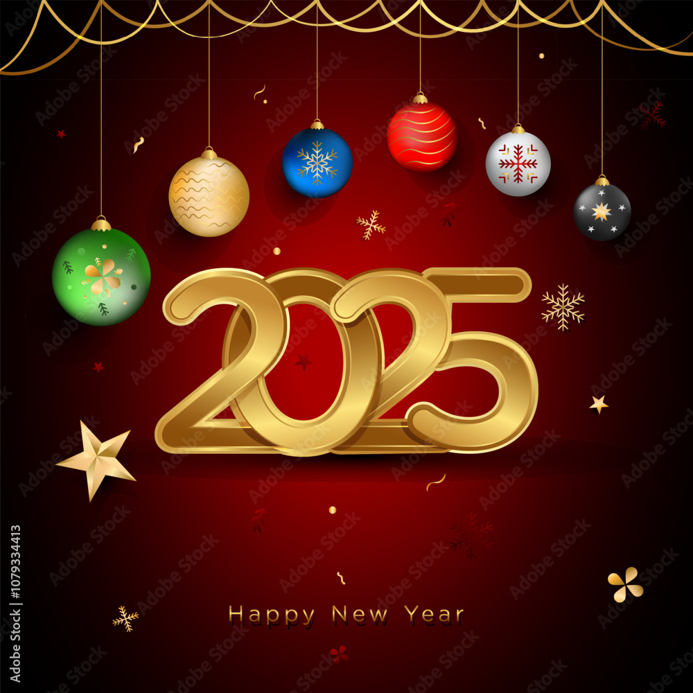 Happy new year with 2025 glowing letters on dark red gradient background