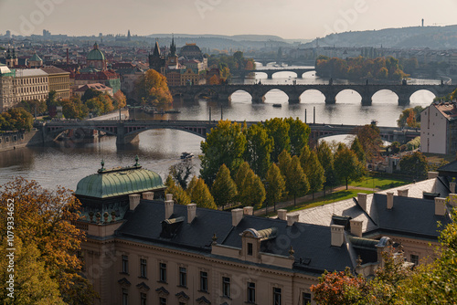 Panoramic view of Prague on a warm autumn day