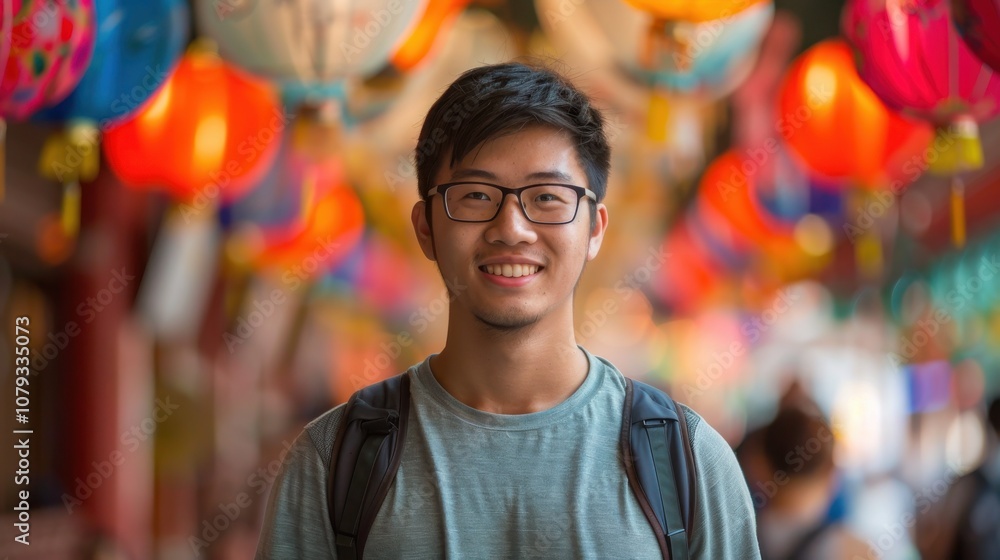 Amidst a spectrum of colors, an Asian male student poses with a hint of introspection, capturing a moment of academic growth Amidst a spectrum of colors, an Asian male student poses with a hint of introspection, capturing a moment of academic growth