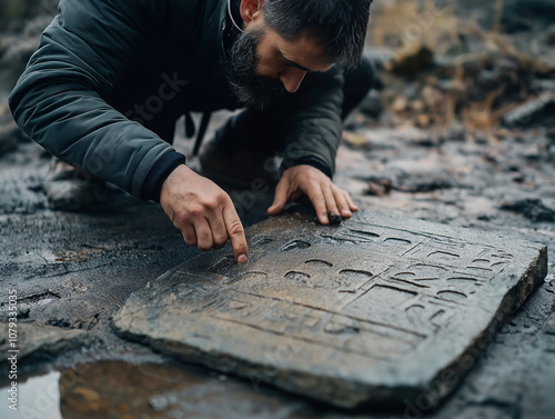 A close-up of an ancient stone tablet with carvings of symbols