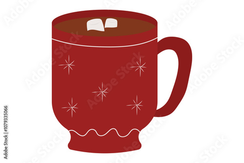 Hot chocolate with marshmallows. Red cup with snowflakes