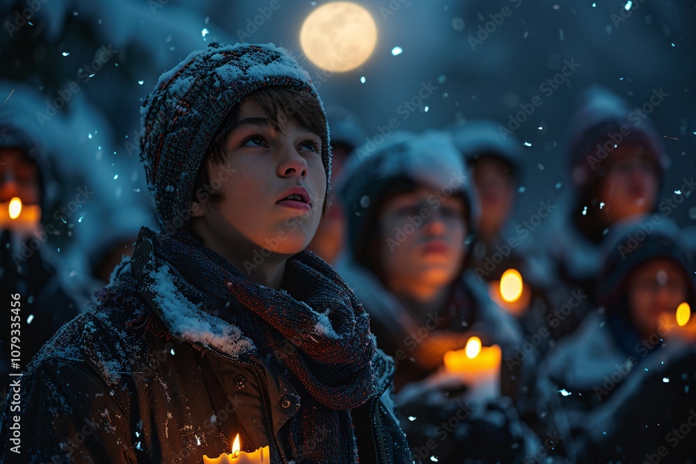 A group of children stands in the snow during a serene winter night, holding candles as they gaze upward at a luminous full moon. The atmosphere feels magical and peaceful A group of children stands in the snow during a serene winter night, holding candles as they gaze upward at a luminous full moon. The atmosphere feels magical and peaceful