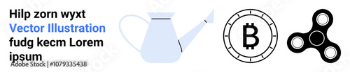 Watering can, bitcoin symbol, and fidget spinner provide diverse design elements. Ideal for finance, gardening, cryptocurrency, stress relief, text placement, layout design, and modern themes