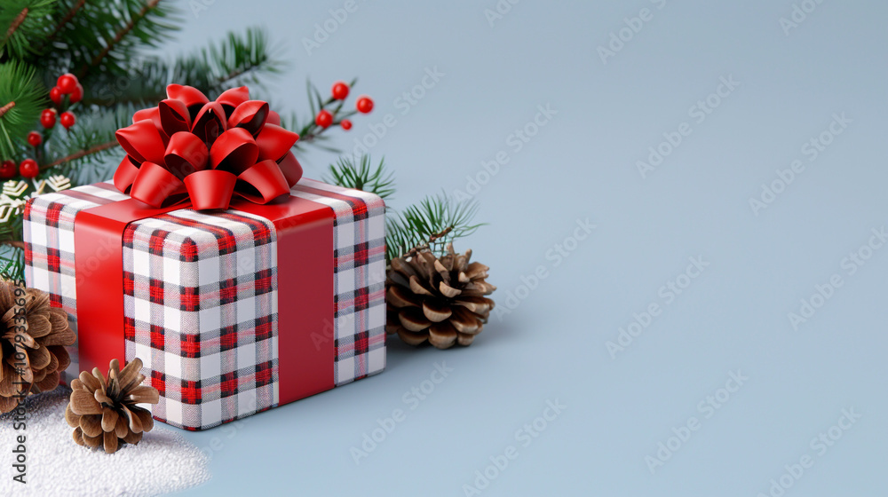 Festive 3D Christmas Gift Box Wrapped in Plaid with a Red Satin Bow Festive 3D Christmas Gift Box Wrapped in Plaid with a Red Satin Bow