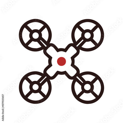 Vector icon of a drone with four propellers and a central red dot, representing modern aerial technology and innovation in transportation