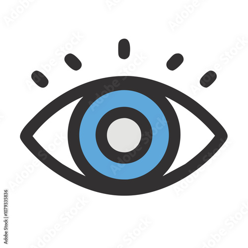 Vector icon of an eye featuring a central blue circle, representing vision, attention, and observation in graphic design