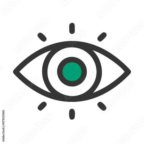 A simplistic vector icon illustrating an eye with a green center surrounded by rays, symbolizing vision, clarity, and insight in digital design and user interfaces