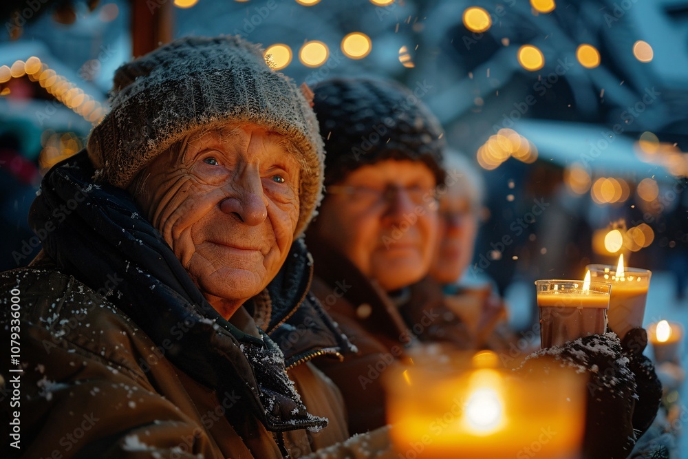 Obraz premium Two elderly friends share warm drinks at a cozy winter market, surrounded by twinkling lights and snowflakes falling softly, creating a festive atmosphere during the evening