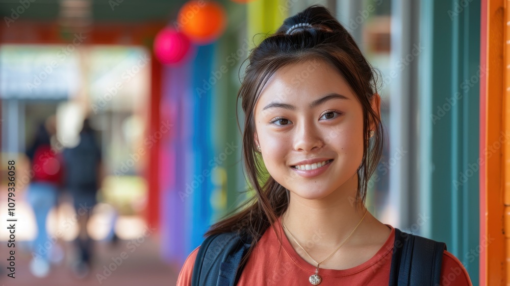 Amidst a spectrum of colors, a determined Asian student's poised posture signifies her dedication to academic excellence Amidst a spectrum of colors, a determined Asian student's poised posture signifies her dedication to academic excellence