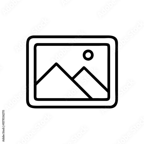 A simple vector icon representing a gallery showcasing a framed artwork, featuring two mountains and a sun, ideal for use in creative designs and digital applications