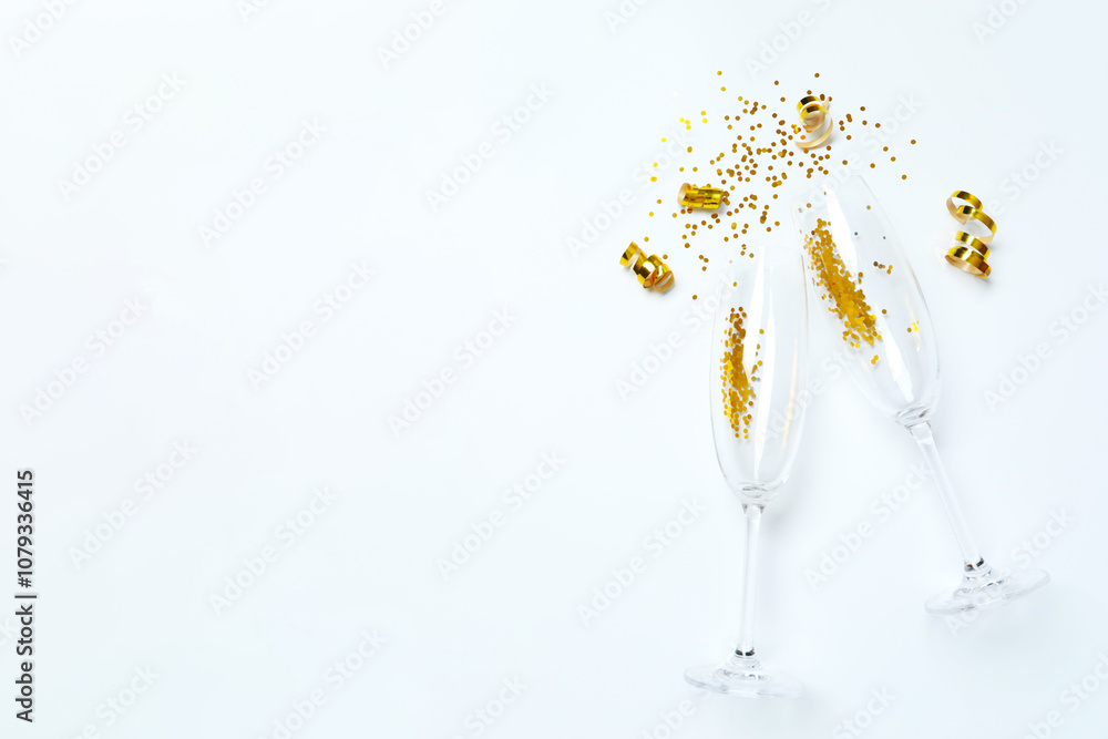 Festive background with champagne glasses and confetti, copy space composition Festive background with champagne glasses and confetti, copy space composition