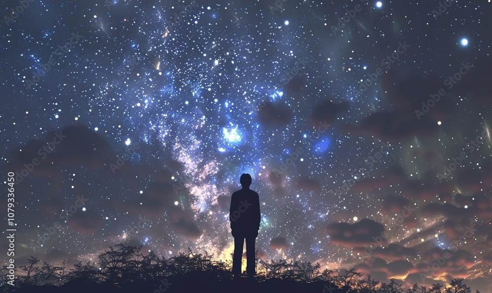 view of human silhouette exploring the galaxy looking under the sky amidst the stars ai generated view of human silhouette exploring the galaxy looking under the sky amidst the stars ai generated