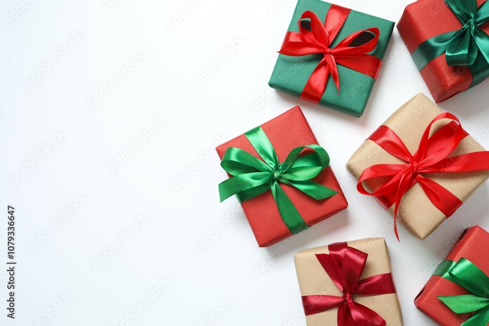 Beautiful gift boxes tied with bows on white background Beautiful gift boxes tied with bows on white background