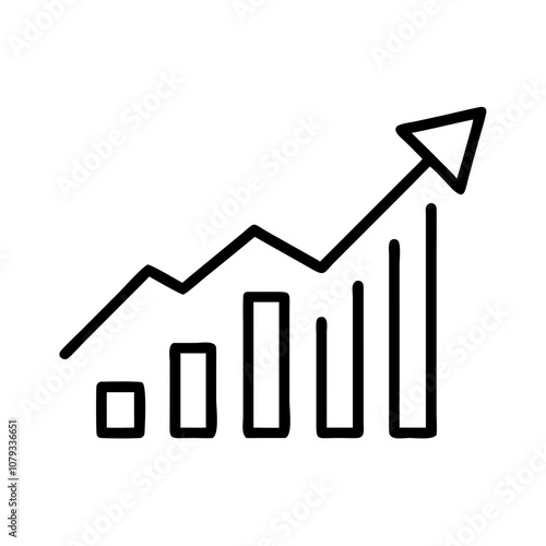 Vector icon illustrating a growth chart with ascending bars and an upward arrow representing progress over time in a clear and simple design