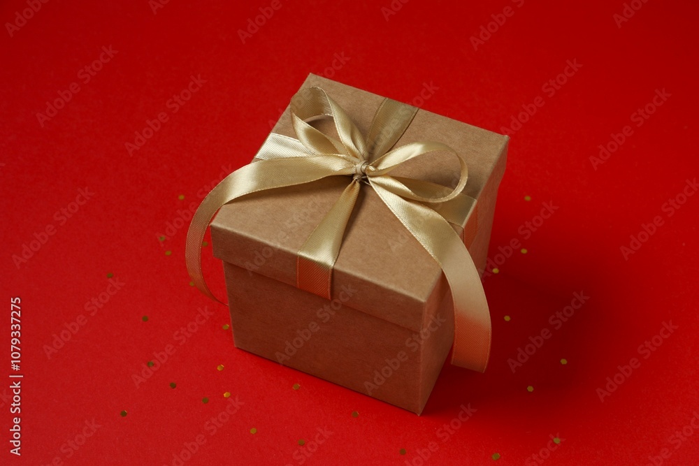Beautiful gift box tied with bow on color background Beautiful gift box tied with bow on color background