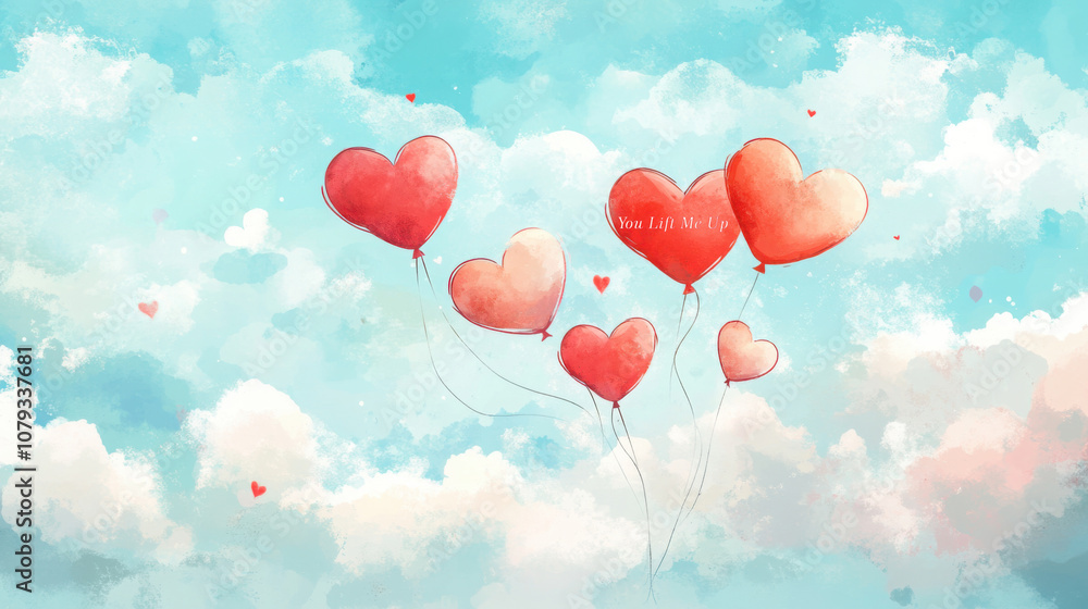 Whimsical valentine's day card design with heart-shaped balloons floating in sky Whimsical valentine's day card design with heart-shaped balloons floating in sky