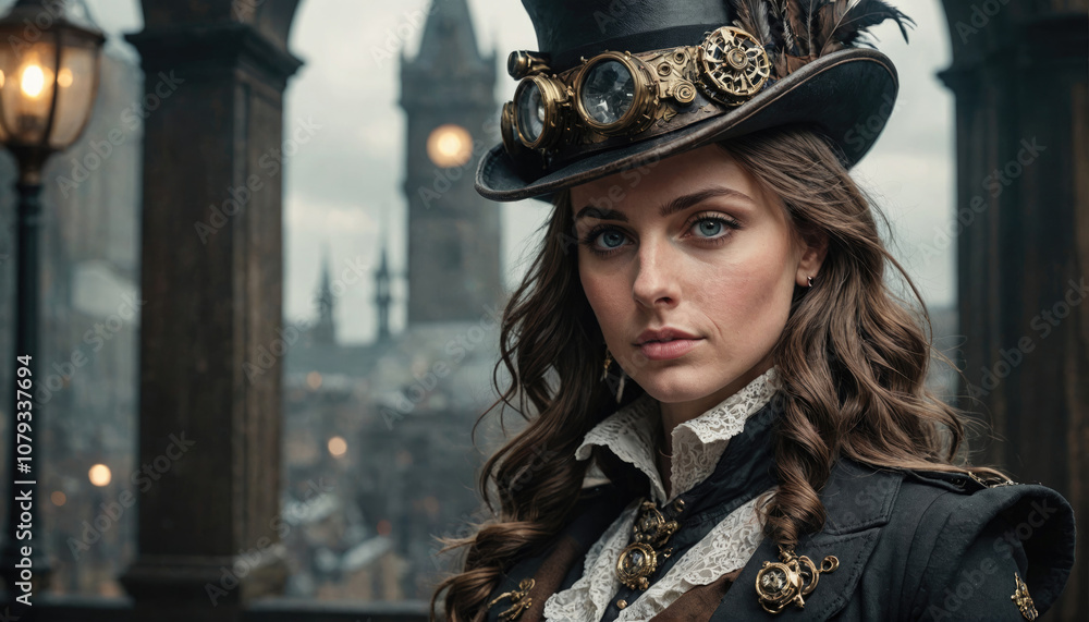 A woman in a steampunk hat and outfit stands in front of a blurred city backdrop, gazing directly at the viewer A woman in a steampunk hat and outfit stands in front of a blurred city backdrop, gazing directly at the viewer