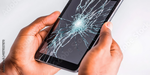 Close-up of hands holding a tablet with a shattered broken screen. Electronics and gadgets repair service photo