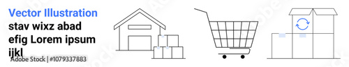 Warehouse building with stacked boxes, shopping cart, and packed boxes with recycling symbol. Ideal for retail, inventory management, logistics, e-commerce, delivery services, packaging