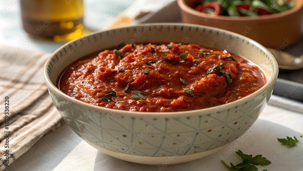 Red tomato chutney in bowl with cilantro garnish Red tomato chutney in bowl with cilantro garnish