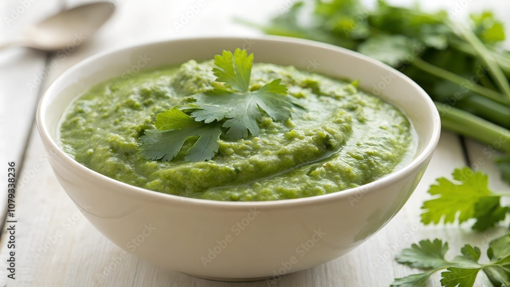 Green cilantro chutney in bowl with fresh garnish Green cilantro chutney in bowl with fresh garnish