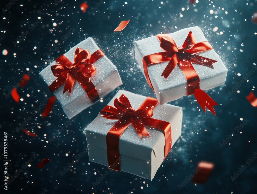 Gifts with red ribbon falling with glitter on dark background Gifts with red ribbon falling with glitter on dark background