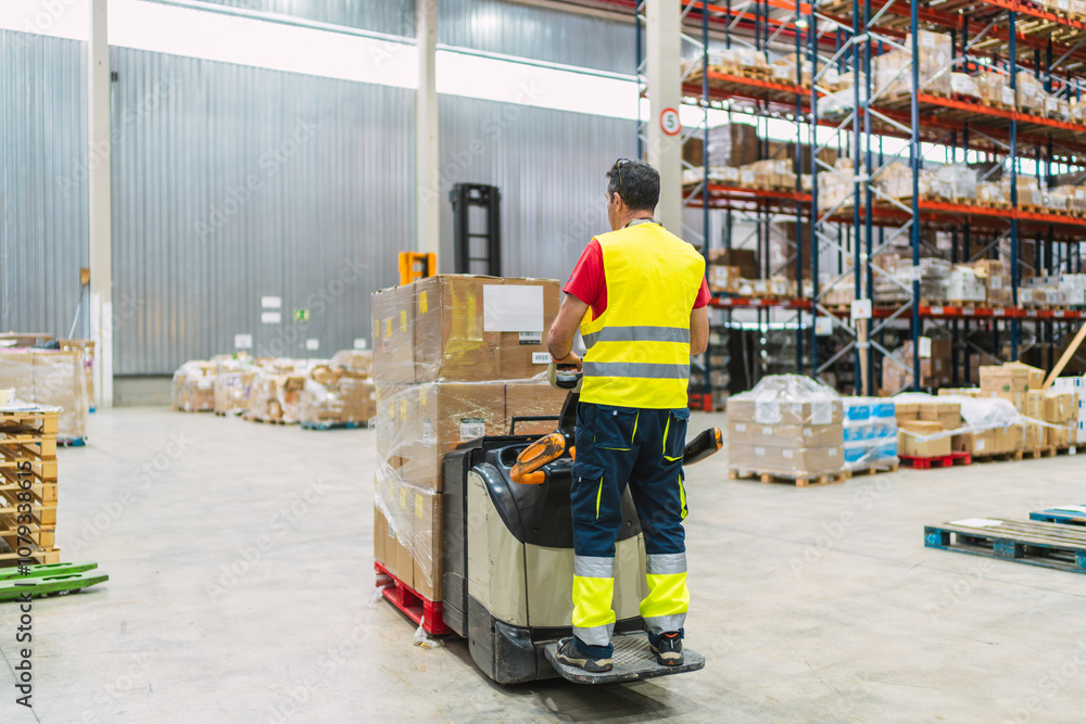 Fototapeta premium Warehouse worker moving boxes with powered pallet jack in logistics center