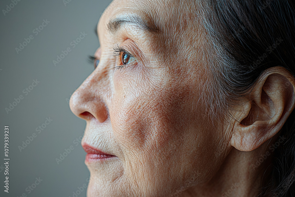 Obraz premium Close-up of a thoughtful elderly woman with gray hair indoors