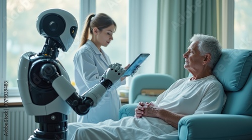 Cyborg Robots Revolutionizing Senior Care: Monitoring Vital Signs and Administering Medication to Bedridden Seniors in a Nursing Hospital, Enhancing Healthcare with Technology.