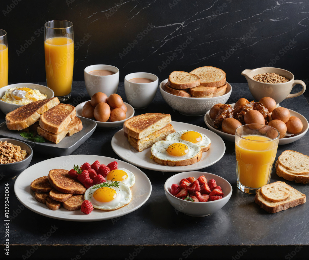 A spread of breakfast foods including eggs, toast, fruit, and orange juice A spread of breakfast foods including eggs, toast, fruit, and orange juice