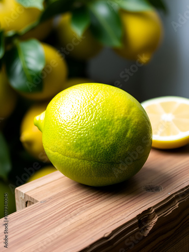 Close up of a fresh organic Meyer lemon that is still green with a hint of yellow