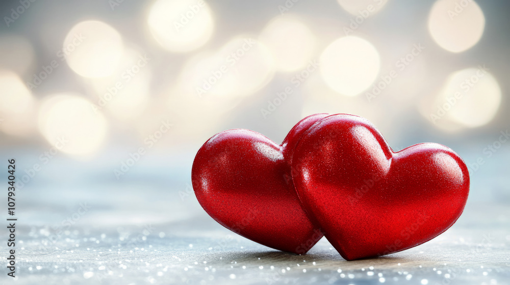 Red hearts on a surface with softly blurred lights behind them Red hearts on a surface with softly blurred lights behind them