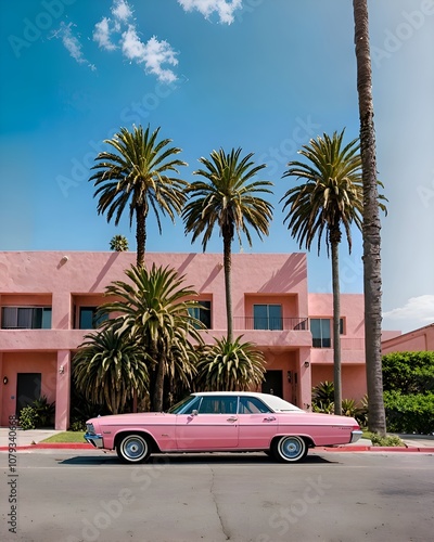 Palm Springs Pink classic car on a tropical beach with palm tree, vintage process 