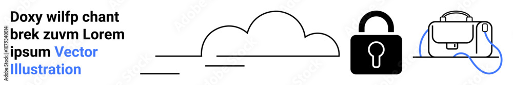 Stylized cloud, lock, and bag icons highlight digital security. Ideal for cybersecurity, online storage, data privacy, tech services, encryption, secure file sharing, virtual workspaces. Landing page Stylized cloud, lock, and bag icons highlight digital security. Ideal for cybersecurity, online storage, data privacy, tech services, encryption, secure file sharing, virtual workspaces. Landing page