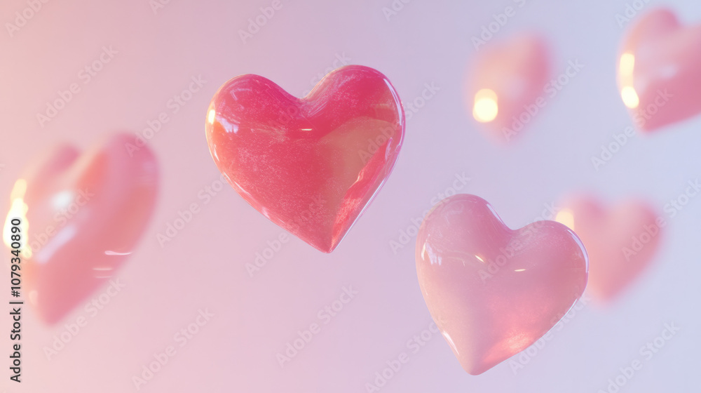Obraz premium Colorful floating hearts against a soft gradient background in pastel hues