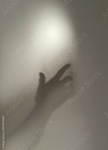The shadow of a human hand reaching out to grab the light