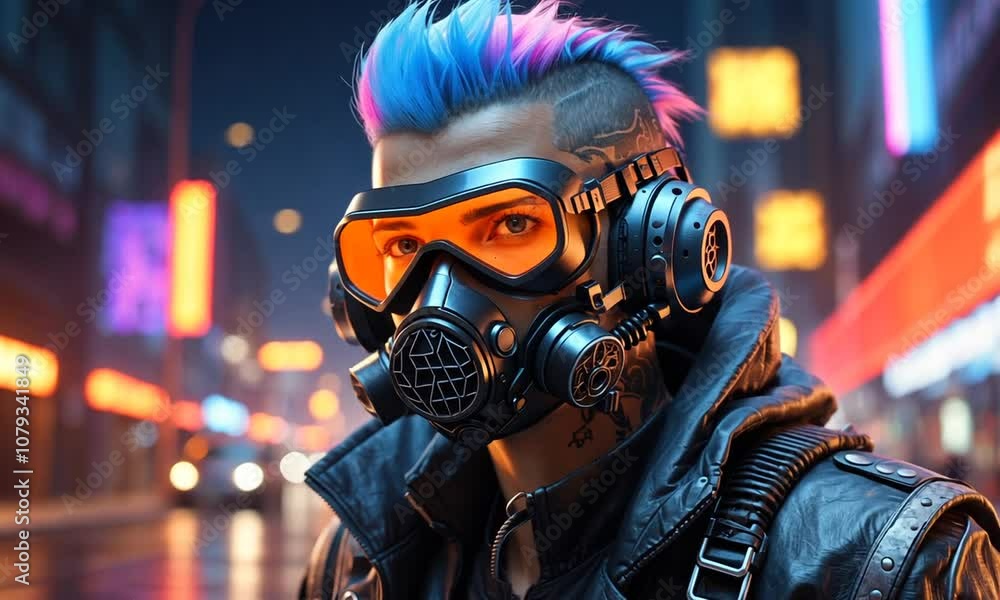 Cyberpunk street rebel showcases urban fashion and unique style in neon-lit city at night Cyberpunk street rebel showcases urban fashion and unique style in neon-lit city at night